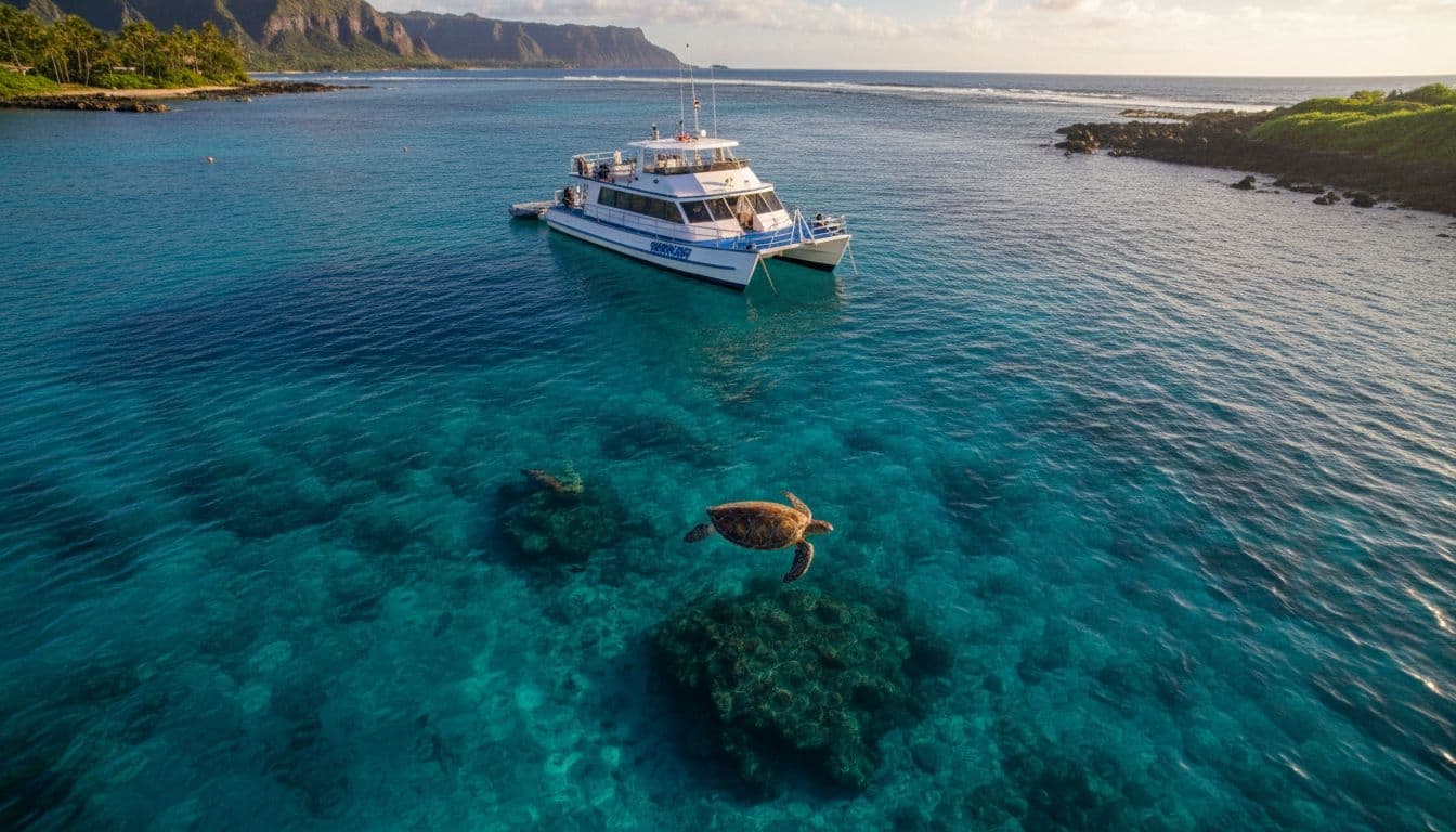 A boat floats on clear blue water with a sea turtle visible beneath the surface.
