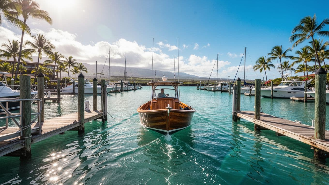 A small boat cruises away from a tropical harbor under a bright blue sky.