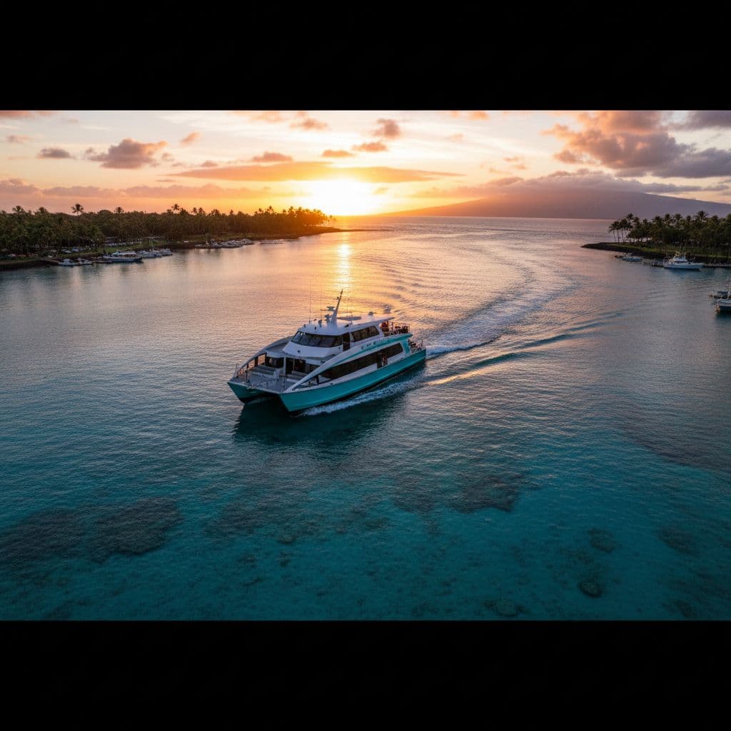 A sleek modern boat cuts through calm blue water as it departs a tropical marina at sunrise. Golden morning light reflects off the hull, highlighting the clear turquoise coastal waves.