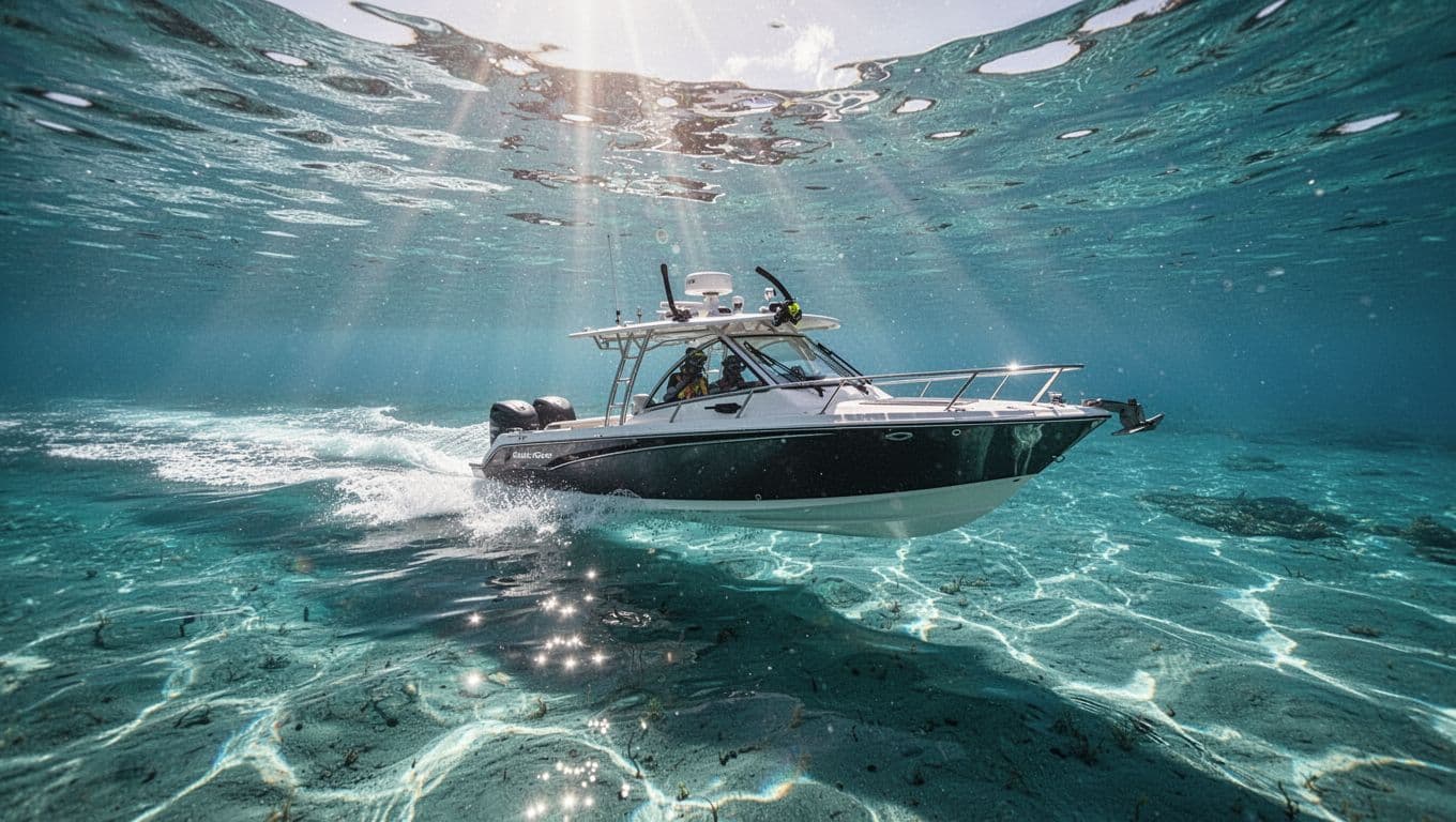 A wooden snorkeling boat floats on calm turquoise water as sunlight pierces the surface, illuminating sandy patches and reef textures below. The wide-angle perspective captures the vibrant clarity of the ocean.