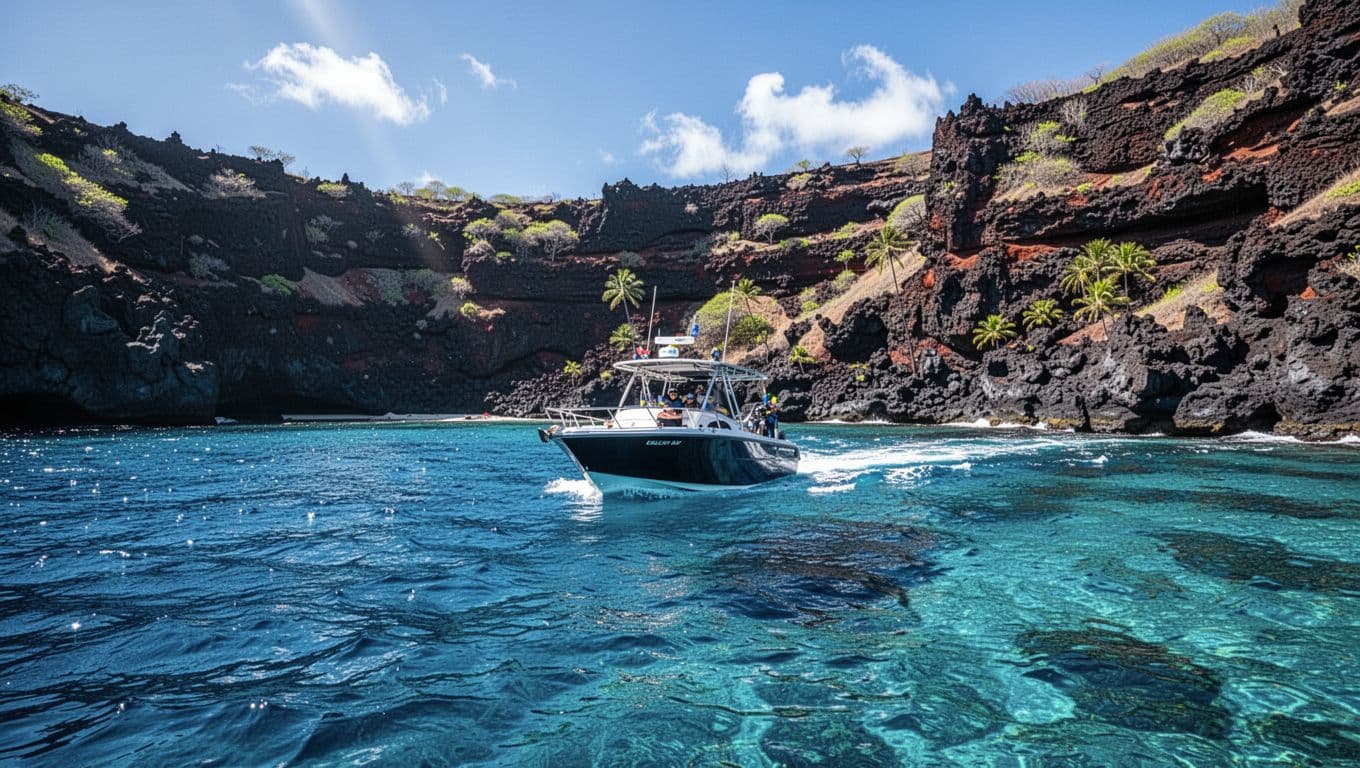 A sleek boat cruises toward the rugged volcanic coastline of Kealakekua Bay under a bright sun.