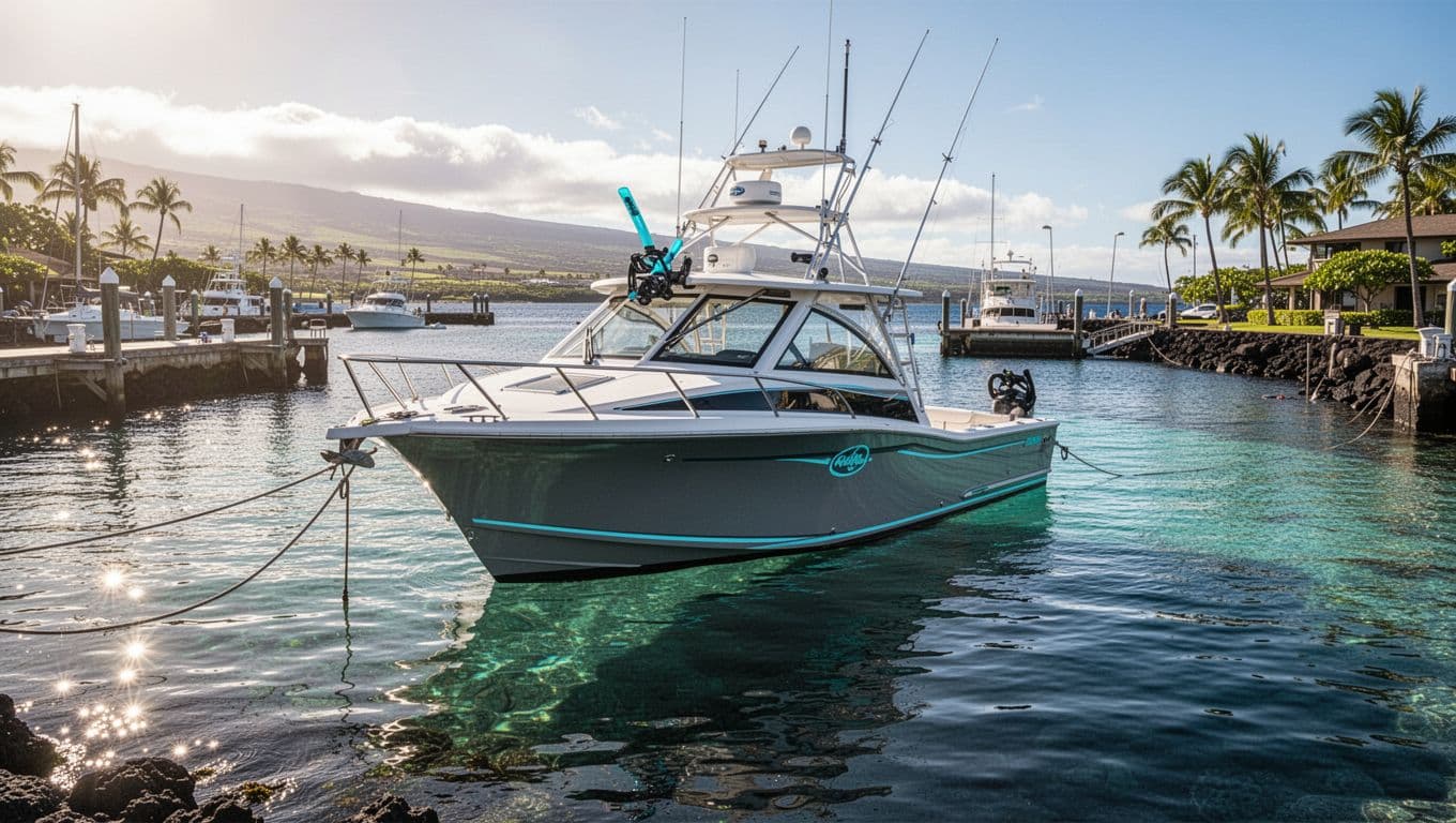 A sleek white tour boat floats on calm turquoise water within a sun-drenched Hawaiian harbor. Bright blue ripples surround the hull while the pristine coastline stretches into the soft distance.
