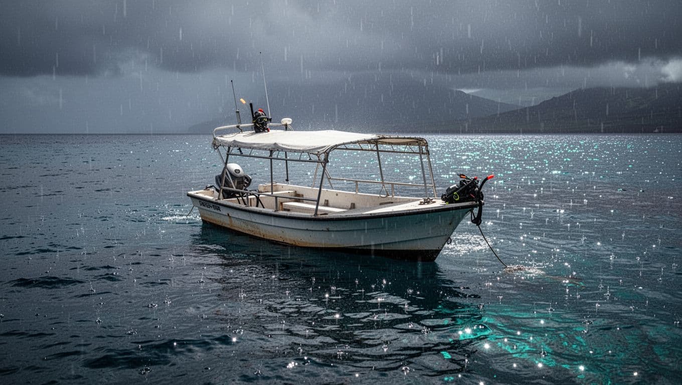 A tour boat floats on calm blue Hawaiian water during a gentle tropical rain shower.