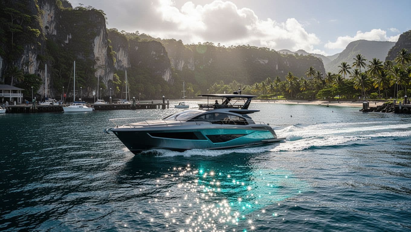 A sleek motorboat glides across shimmering turquoise water as it exits a quiet coastal harbor. Lush green cliffs rise in the distance under a bright sun, casting deep shadows on waves.