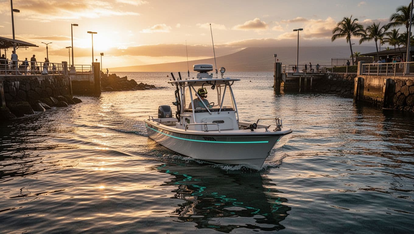 A small snorkeling boat glides through calm harbor waters during a golden sunset.