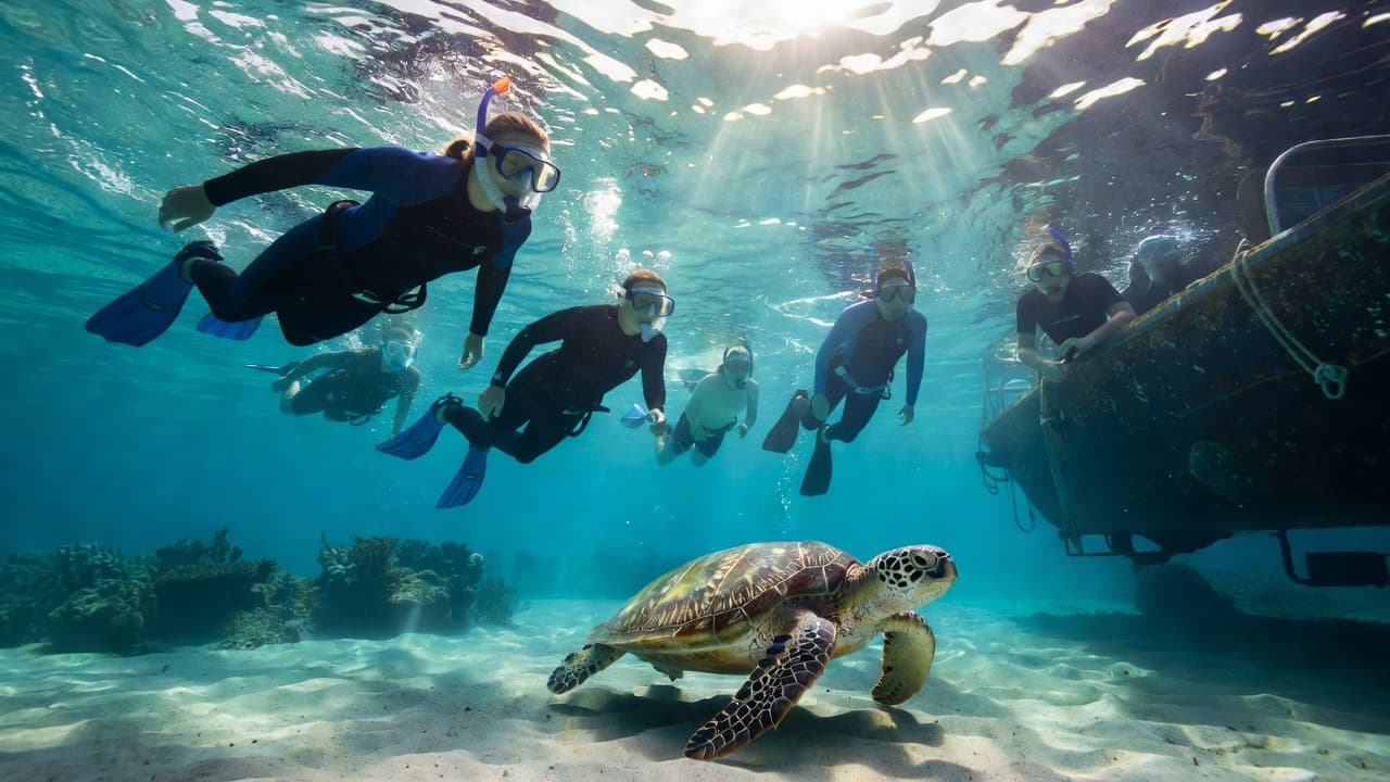 Several swimmers equipped with masks and snorkels float in vibrant turquoise water near the hull of a large vessel. Golden sunlight pierces through the clear surface, illuminating the colorful tropical coral reef.