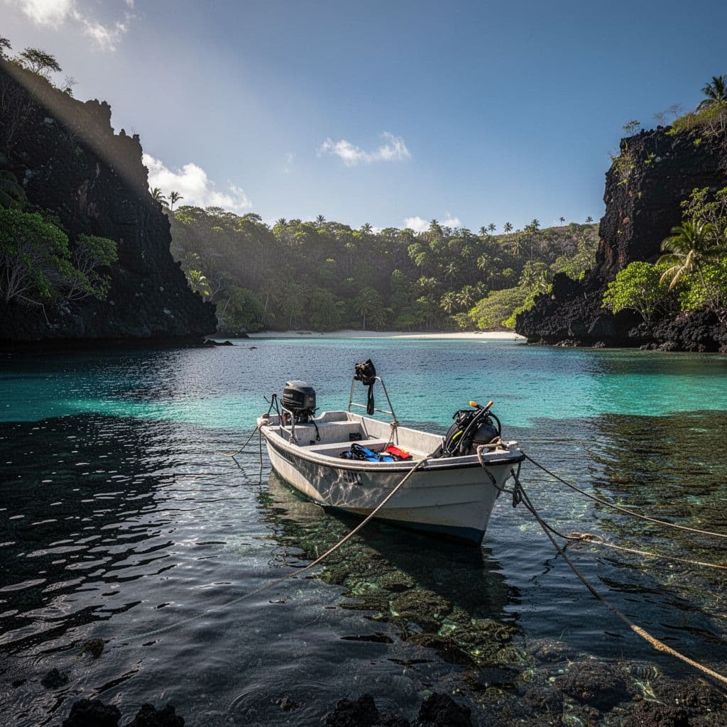 A snorkeling boat anchored in a clear tropical bay framed by a dramatic volcanic coastline.