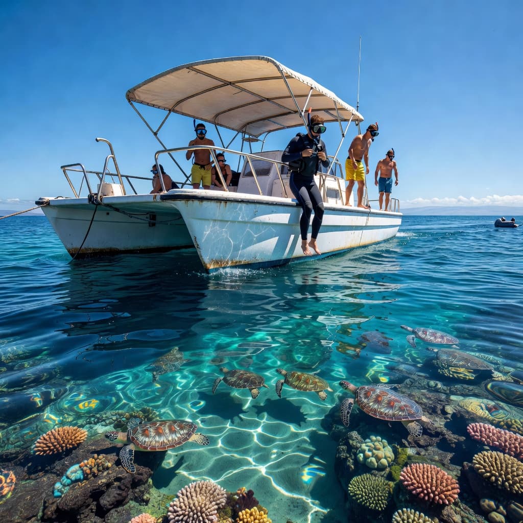 A snorkeling boat glides near Turtle Canyon with swimmers in the water.