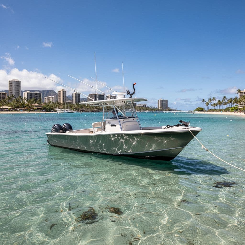An empty white snorkeling boat sits anchored in sparkling turquoise waters off the coast of Waikiki. The tropical ocean stretches toward the distant horizon under a brilliant, cloudless sunny sky.