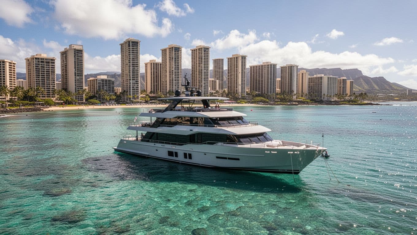 A spacious double-decker vessel sits at anchor in the vibrant turquoise waters of Oahu. The distant Waikiki skyline creates a dramatic backdrop against the clear blue sky and calm ocean surface.