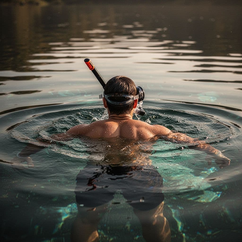 A person floats in dark, calm water wearing a snorkel while practicing controlled deep breathing.