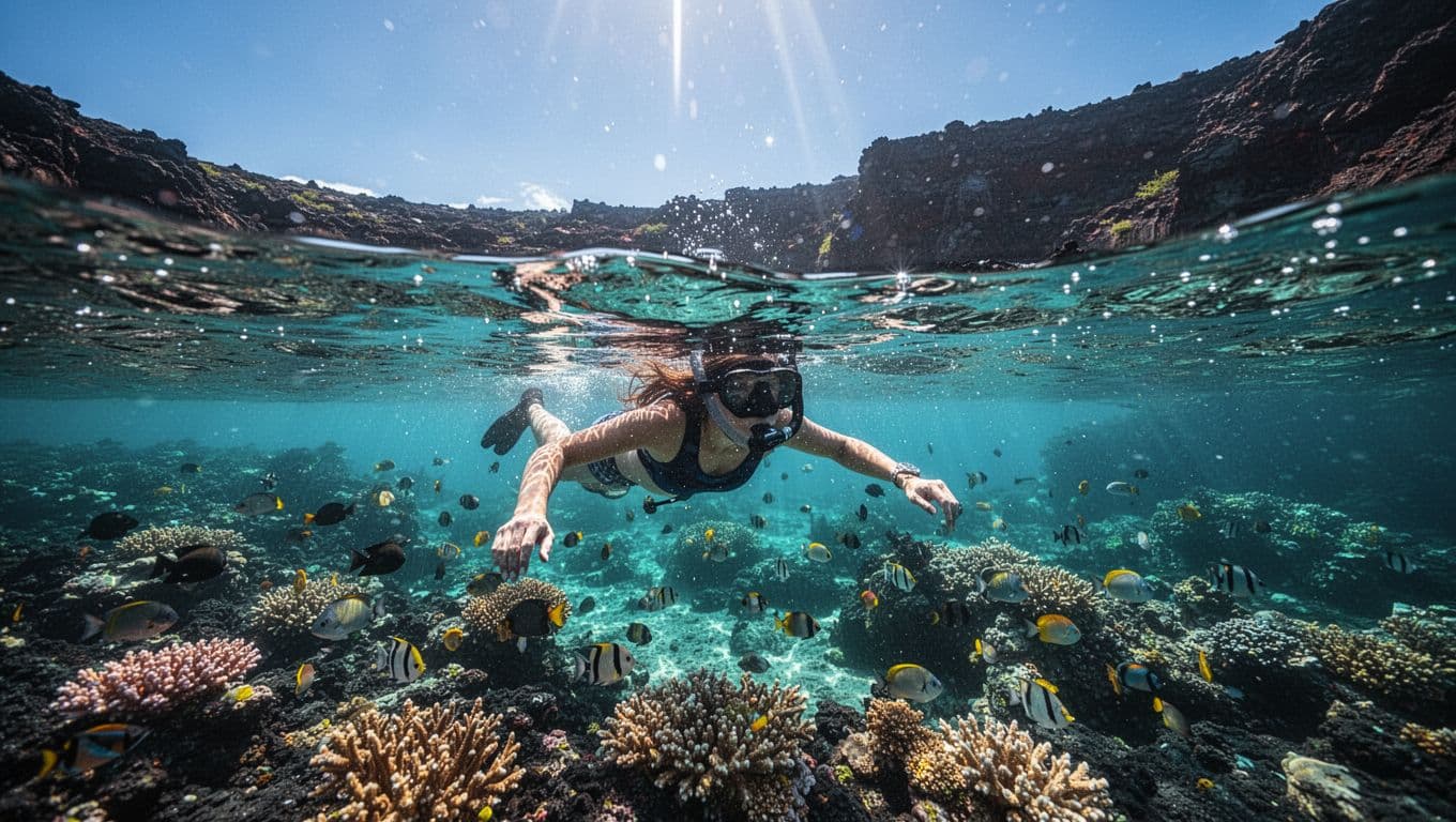 A person snorkels through clear blue water surrounded by coral reefs near a steep volcanic coastline.
