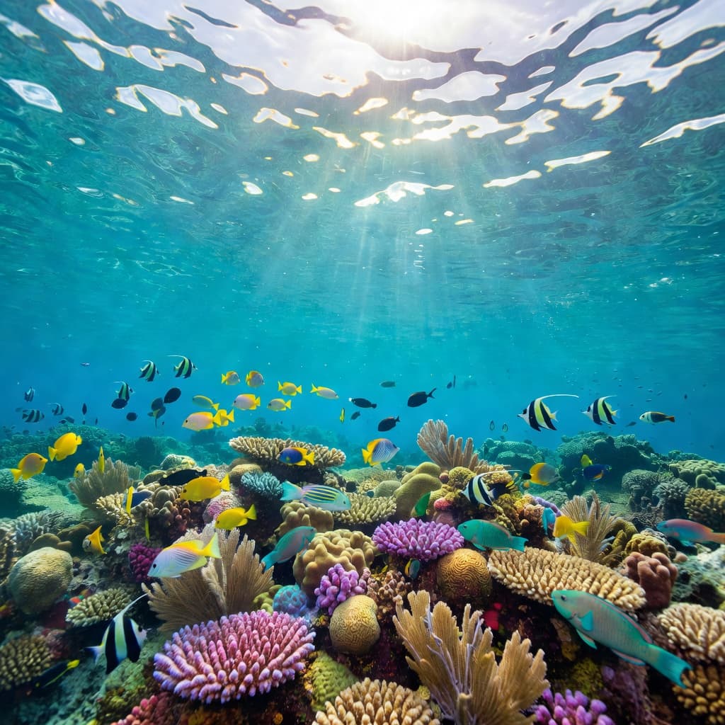 Vibrant coral reefs teem with small colorful fish beneath the shimmering surface of crystal clear tropical water. Sunlight filters down from above, creating bright ripples of light across the ocean floor.