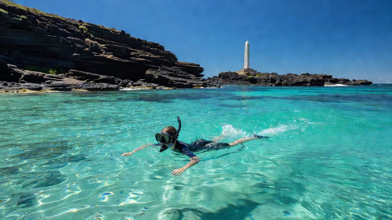 A person swims in clear blue water with the Captain Cook monument visible on the nearby rocky coastline.