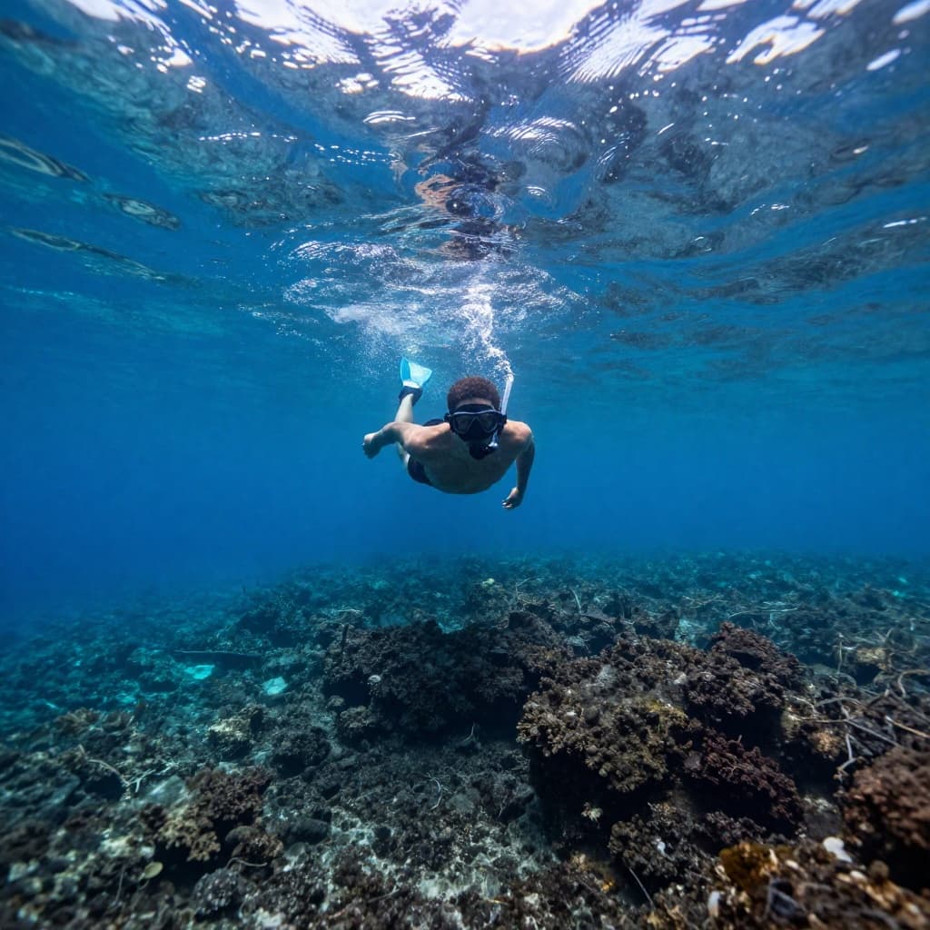 A person snorkels through bright turquoise water near a rocky coastline with sunlight filtering from above.