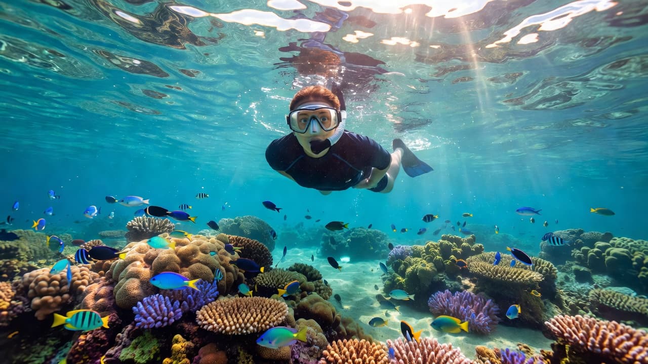 A lone snorkeler floats on the surface of crystal clear tropical water, gazing down at a vibrant, multicolored coral reef. Brilliant sunlight filters through the waves, casting shimmering patterns across the seafloor.