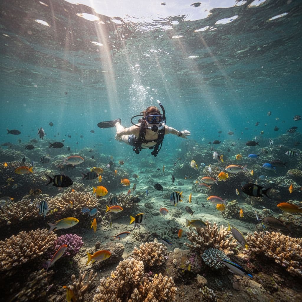 A person snorkels near a shallow coral reef in Oahu while morning sun rays filter through turquoise water.