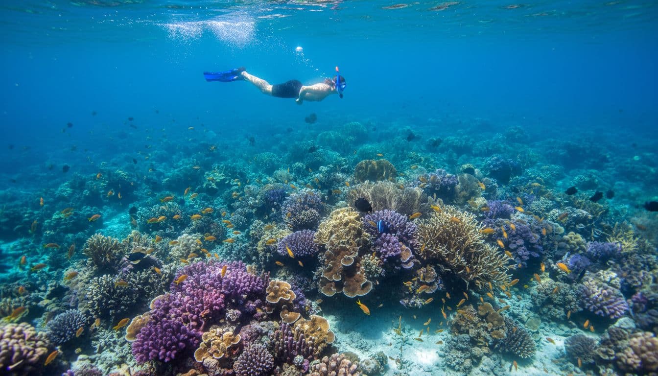 A lone snorkeler swims through vibrant blue tropical water above an intricate coral reef. Exotic, colorful fish dart between rock formations while bright sunlight illuminates the sandy ocean floor below.