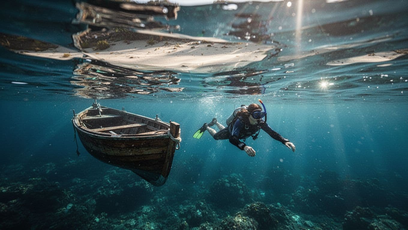 A boat-based snorkeling site features vibrant, deep clear blue water in the foreground, while the background reveals a blurred sandy shoreline where the ocean current creates noticeably murkier, sediment-filled water conditions.