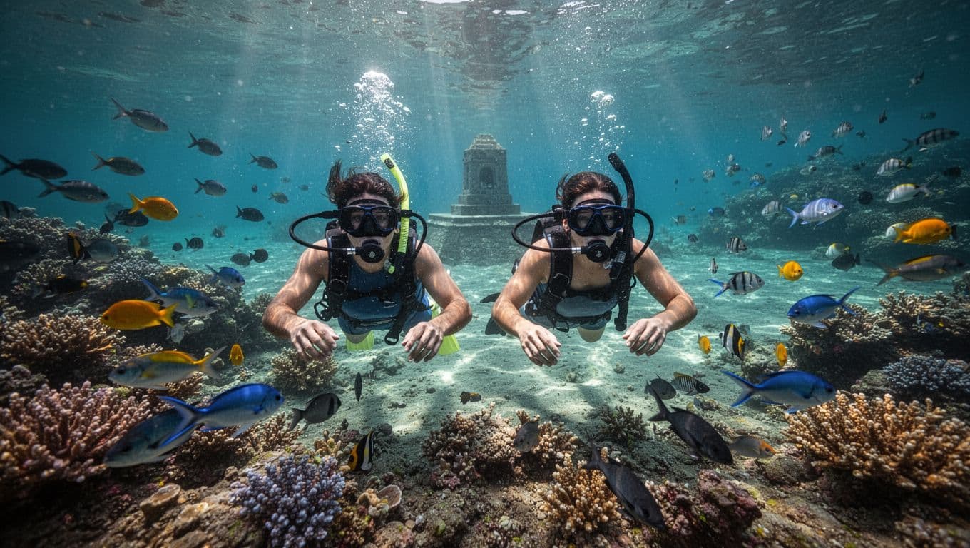 A couple of snorkelers swims side by side through a vibrant coral reef in Kealakekua Bay, surrounded by schools of tropical fish, with the Captain Cook monument on the distant shore and sunlight rays piercing the clear turquoise water.