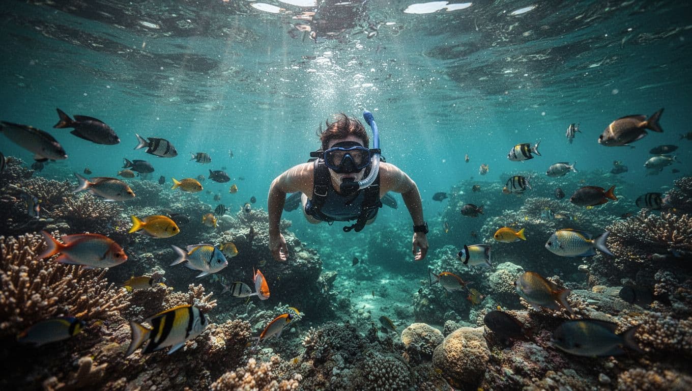 A snorkeler swims through vibrant coral reefs surrounded by schools of tropical fish in turquoise water.