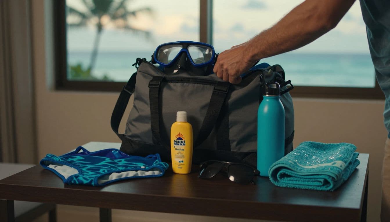 A traveler prepares a snorkeling bag with essentials beside a glowing hotel window.