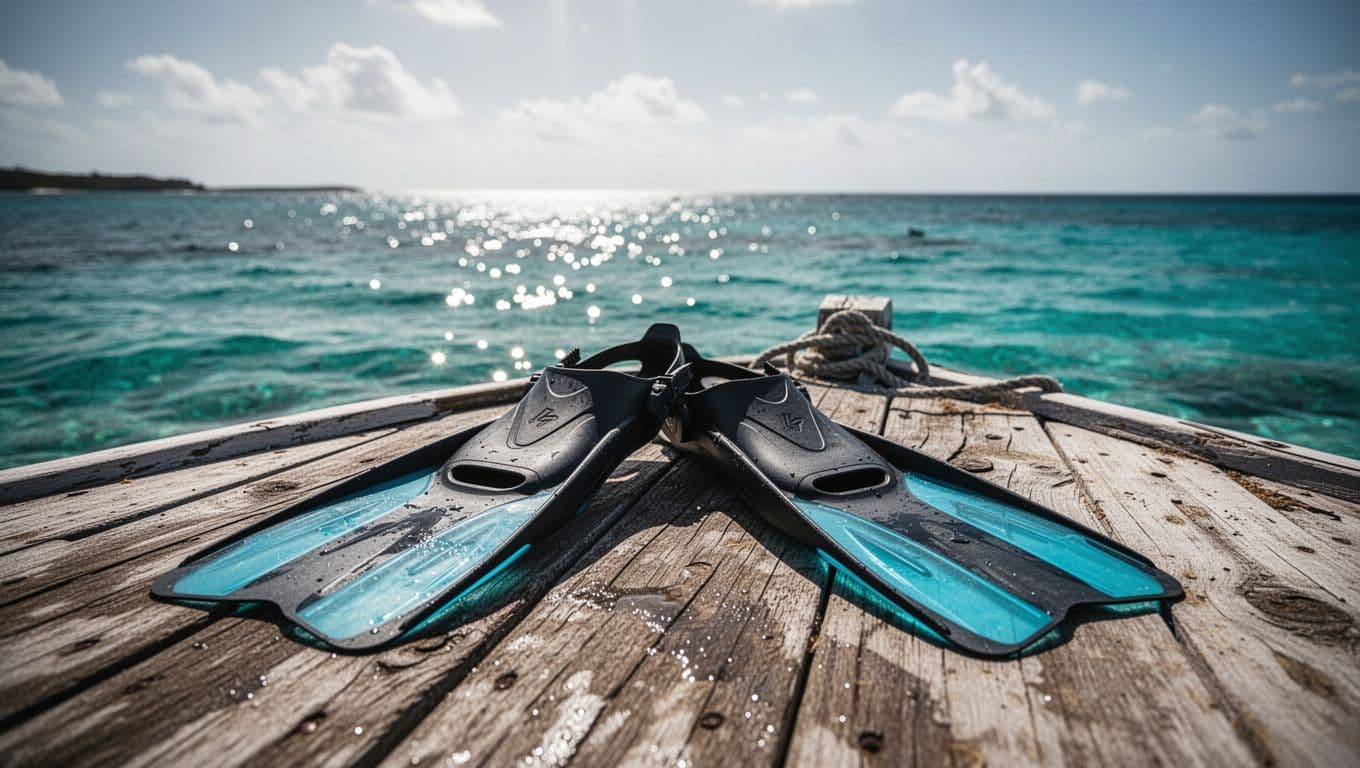 Blue snorkeling fins lying on a wooden boat deck overlooking bright ocean water.