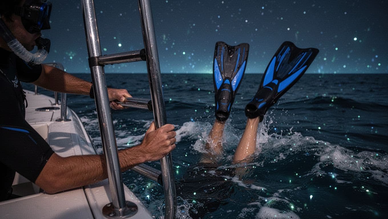 Close-up of snorkeler's hands and fins kicking gently while holding a boat ladder rung in a nighttime ocean scene illuminated by bioluminescent glow, demonstrating proper reboarding technique.