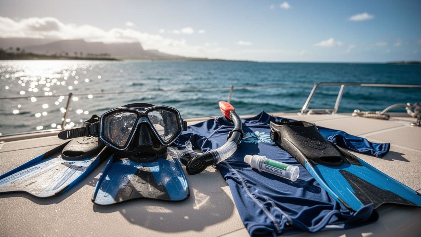 Snorkel mask, snorkel, fins, rash guard, and inhaler on sunny boat deck with Waikiki ocean horizon.