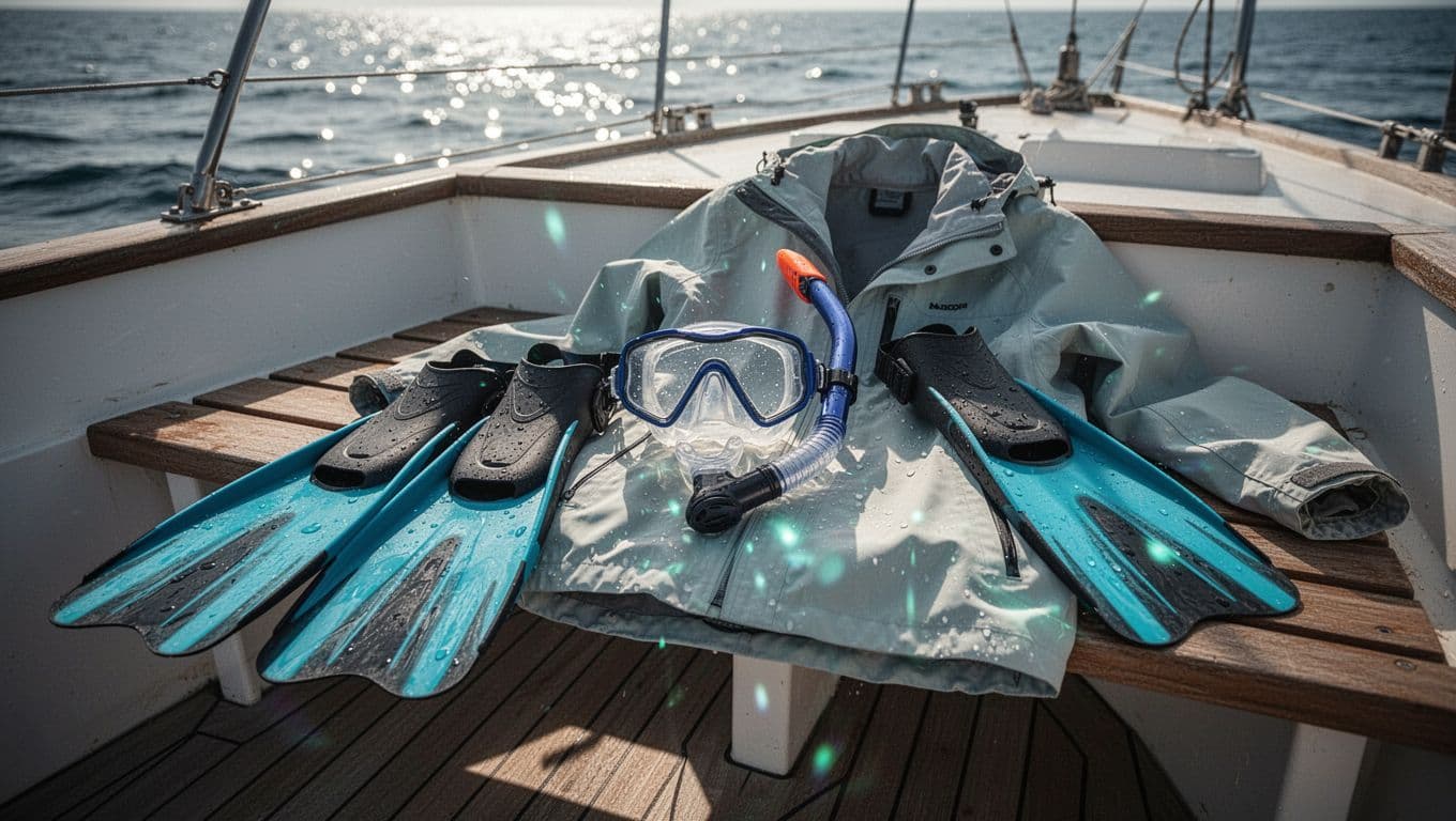 Snorkeling gear and a waterproof jacket rest on a wooden boat bench.