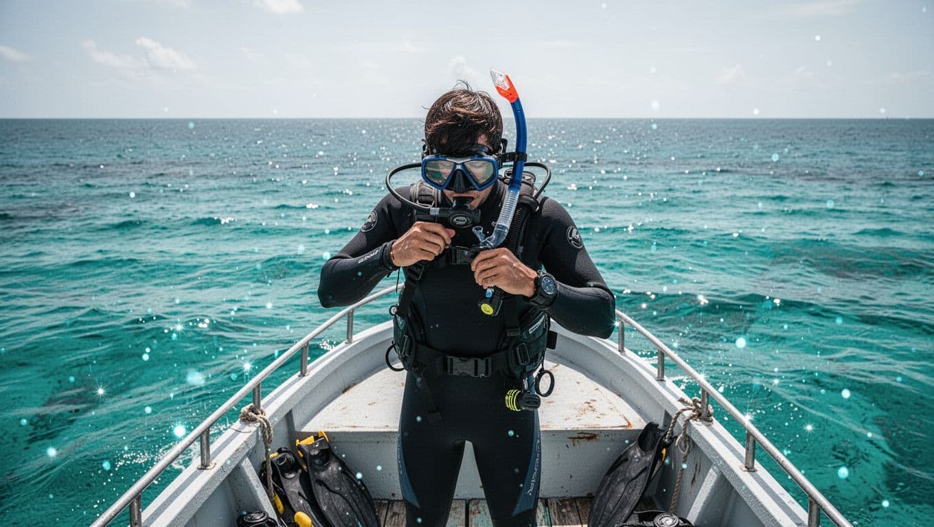 A traveler adjusts snorkeling gear on a boat deck above a calm ocean.