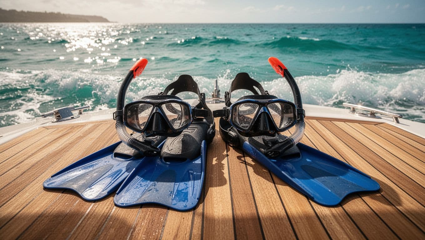 Snorkel masks and fins sit on a teak boat deck above turquoise water.
