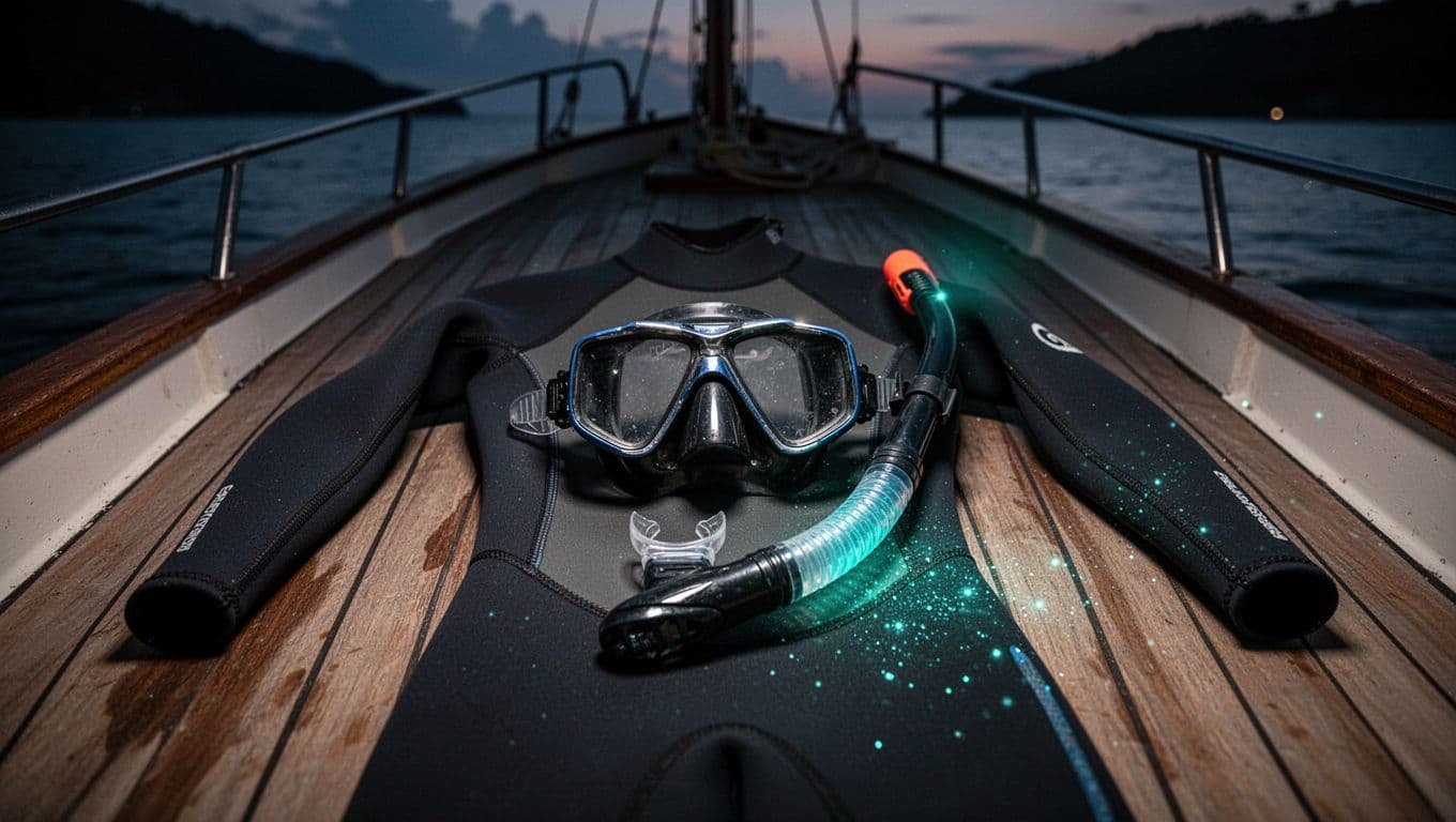 Snorkeling equipment laid out on a wooden boat deck at dusk.