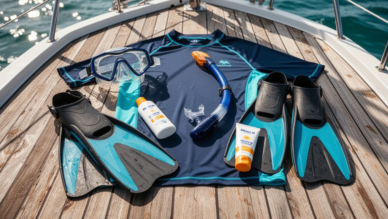 A vibrant rash guard, mask, snorkel, and yellow fins rest neatly on a rustic wooden deck. A bottle of sunscreen sits nearby under the intense, warm glow of the Hawaiian sun.