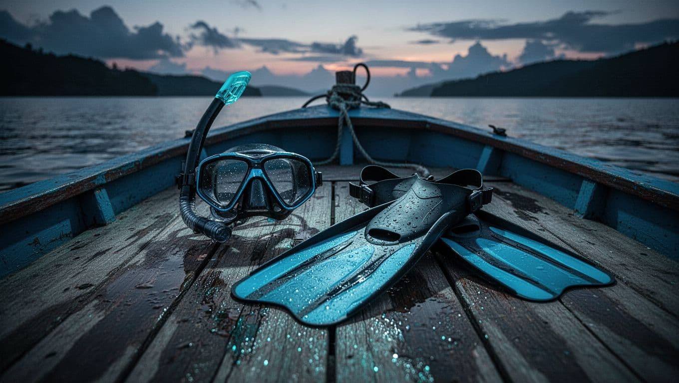 A professional diving mask and matching swim fins rest on a wooden boat deck at twilight. Soft cyan ambient lighting glows against the equipment, highlighting the textures of the rubber surfaces.