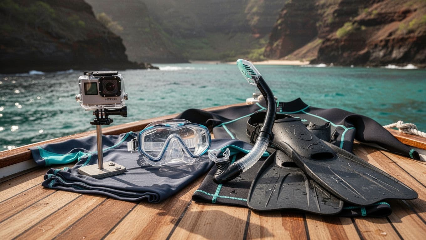 Neatly arranged snorkeling gear on wooden boat deck overlooks turquoise Kealakekua Bay cliffs.
