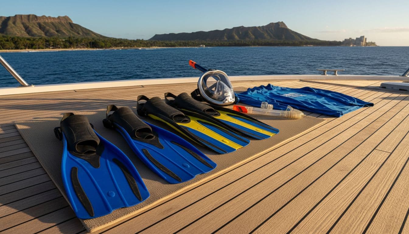 Snorkeling fins, mask, snorkel, and rash guard arranged on boat deck with Oahu coastline behind.