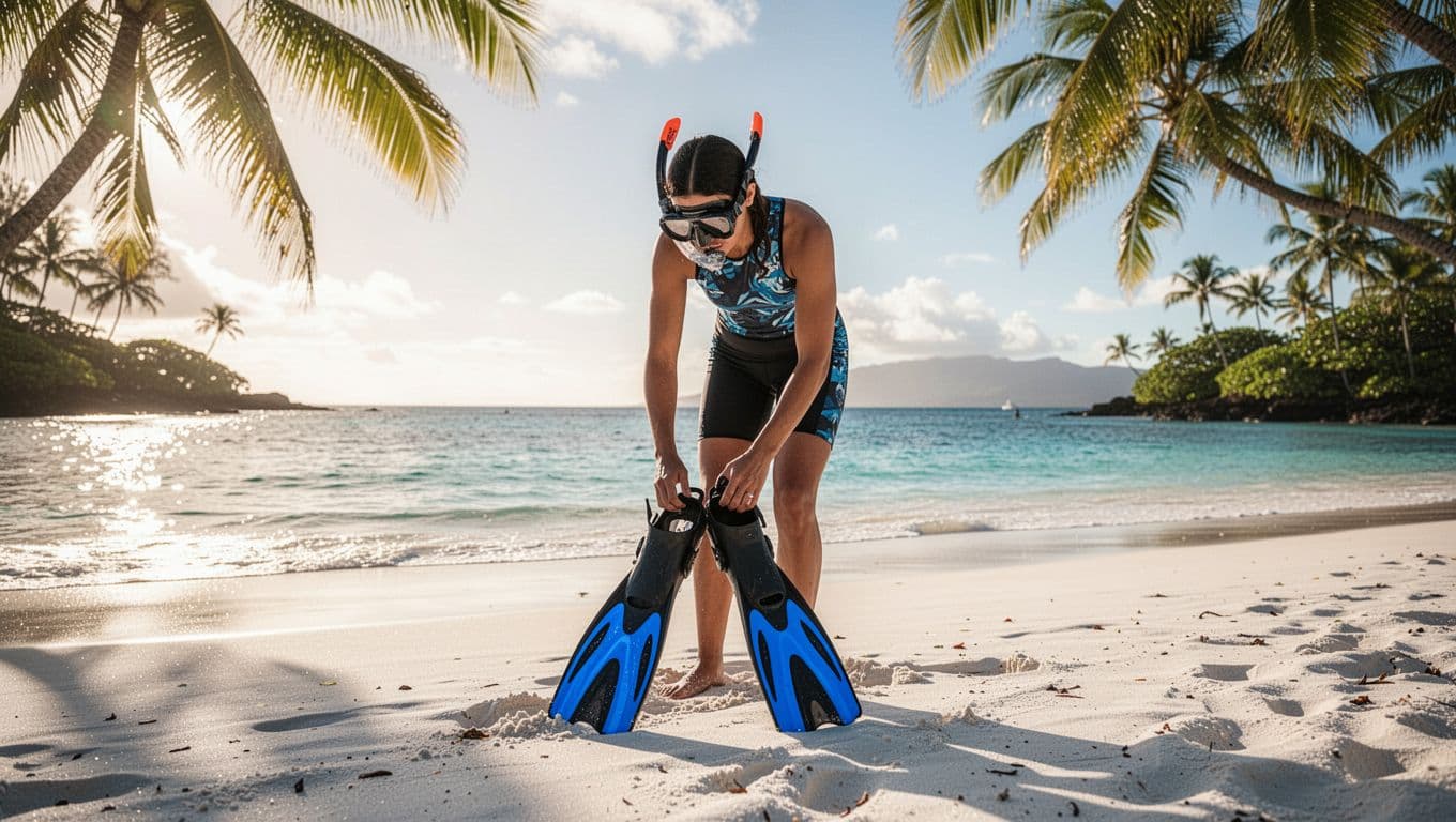 A person kneels on the golden sand of a tropical beach, carefully adjusting professional snorkeling fins. Crystal clear turquoise waves roll gently in the background under brilliant, warm Hawaiian sunlight.