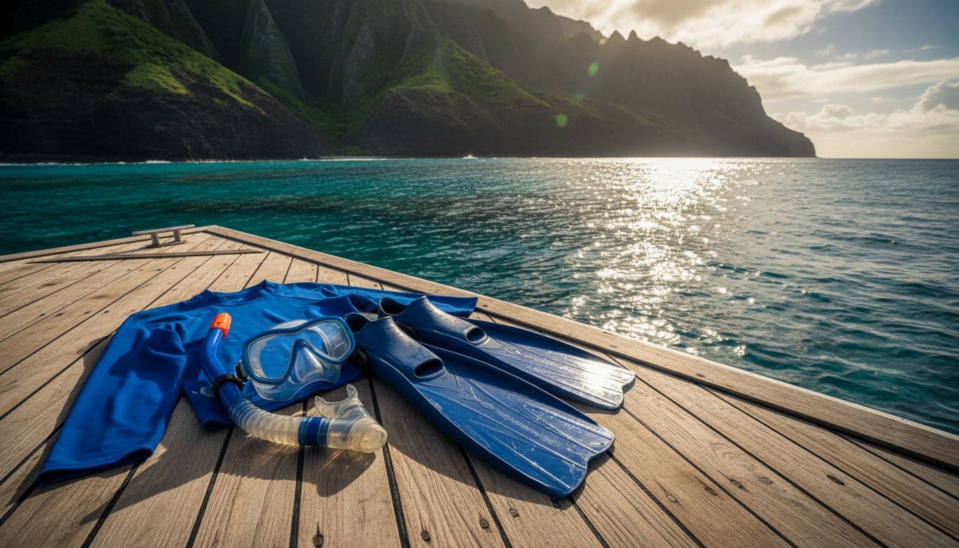 Snorkeling mask, snorkel, fins, and rash guard laid out on wooden boat deck overlooking Kealakekua Bay cliffs and turquoise water.