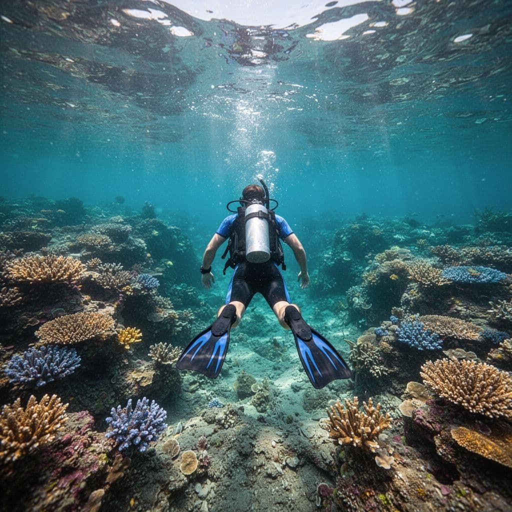 A swimmer in snorkeling gear floats effortlessly above a vibrant coral reef in clear blue ocean water. Bright sunlight filters through the surface, highlighting diverse marine life and intricate coral formations.