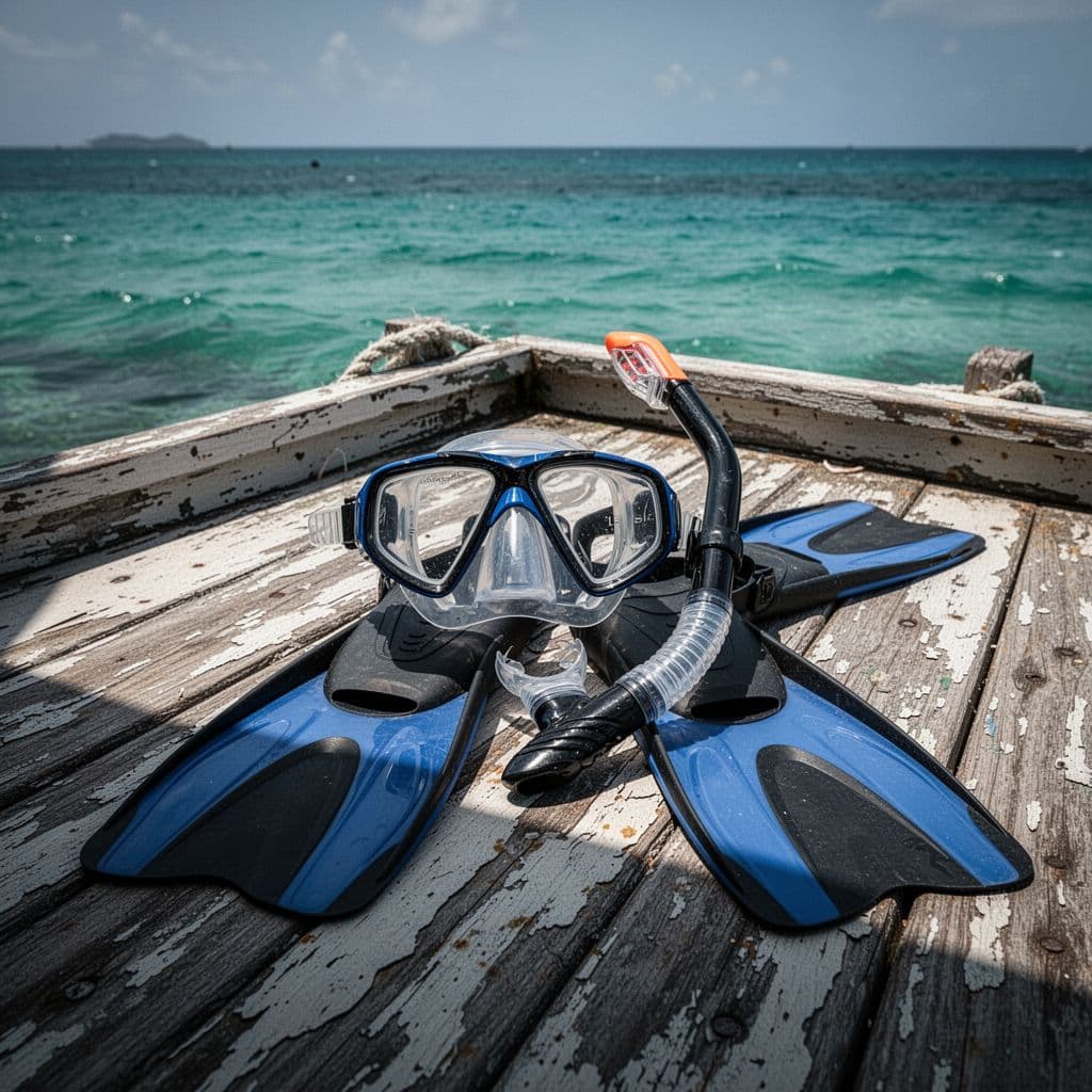 A mask, snorkel, and swim fins are arranged on a wooden boat deck against a tropical ocean background.