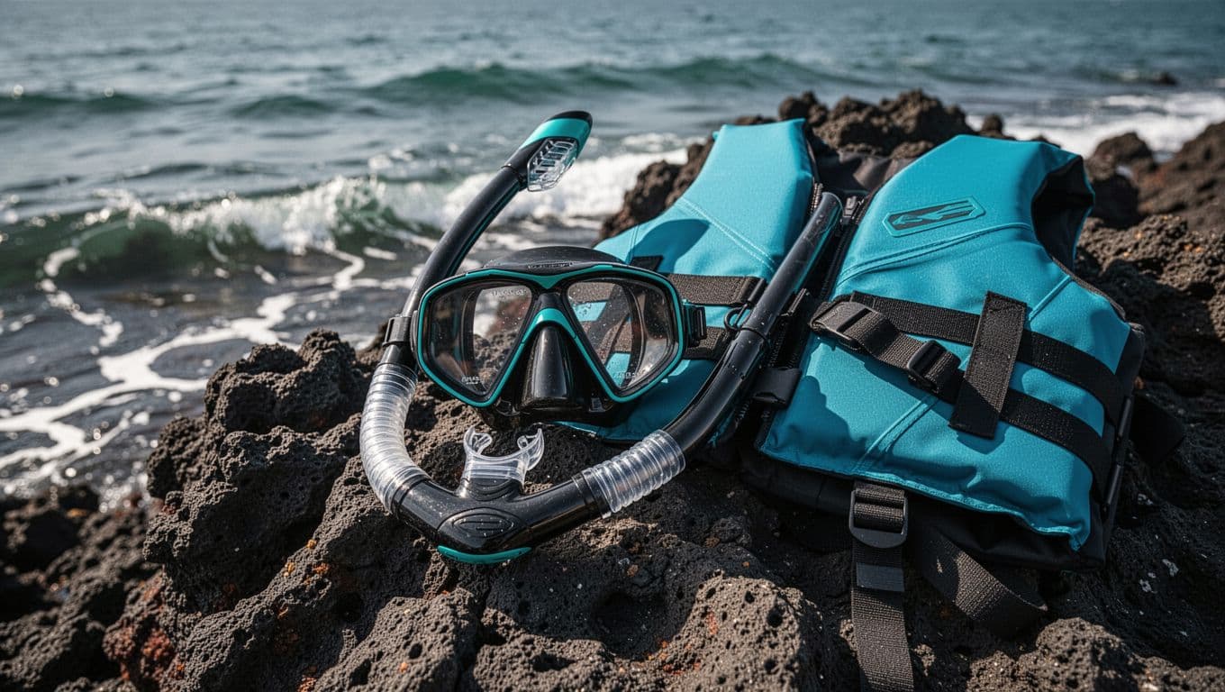 A snorkeling mask, snorkel tube, and orange life vest rest on dark volcanic rock beside the ocean.