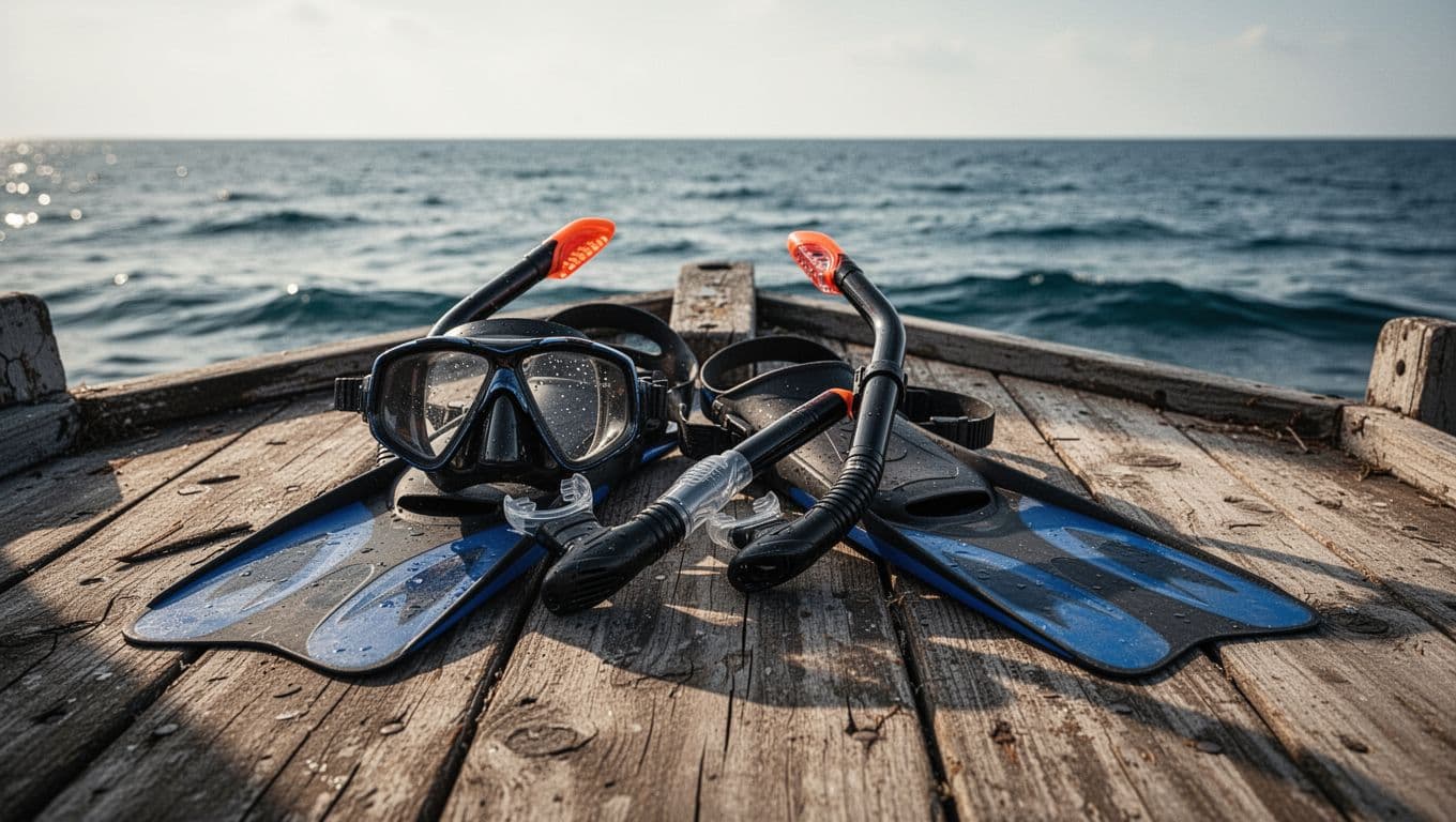 A diving mask, snorkel, and fins rest on a weathered wooden boat deck overlooking the ocean.