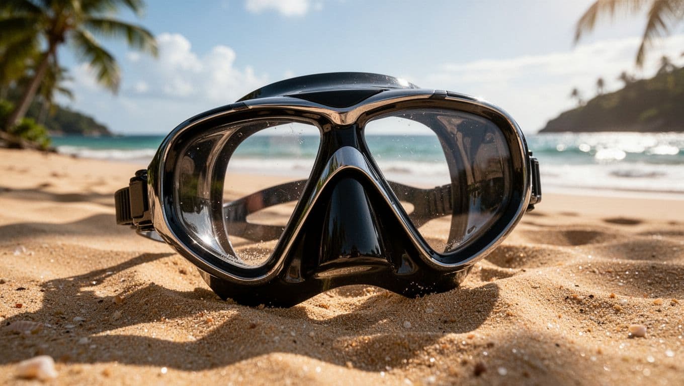 A high-quality snorkeling mask rests directly on soft, white beach sand. The scene captures vibrant sunlight creating deep shadows, with turquoise ocean waves gently lapping at the shoreline in the background.
