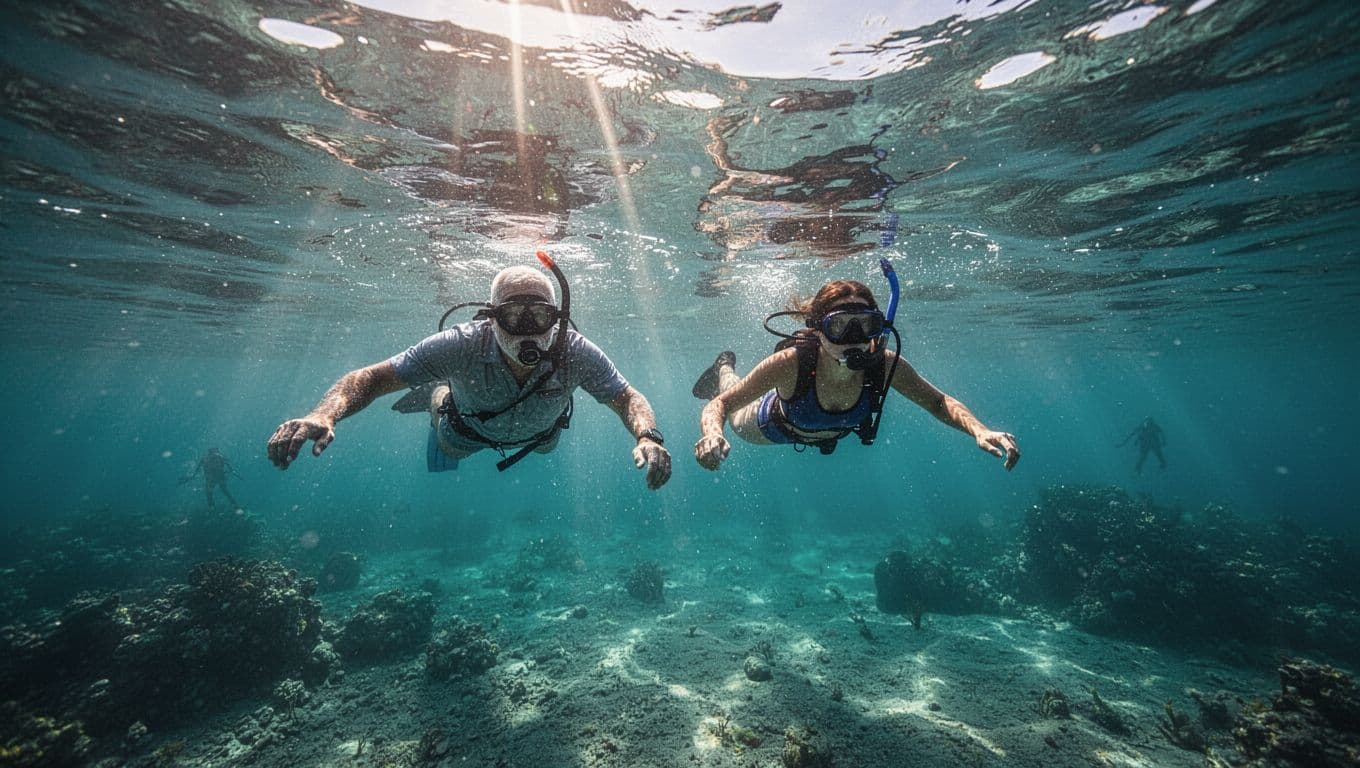 A professional guide swims next to a person snorkeling in clear, sunlit ocean water.