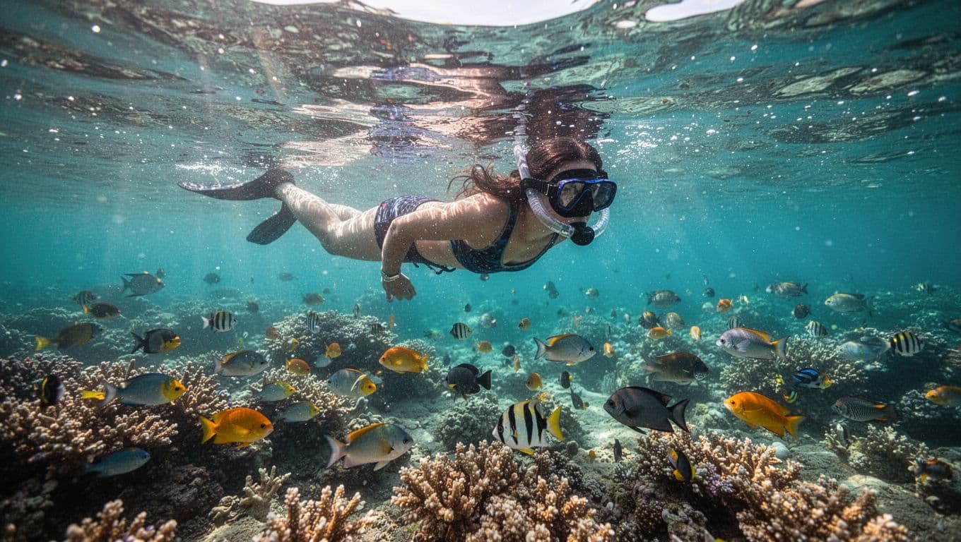 A swimmer in snorkeling gear observes a vibrant coral reef beneath the surface. The bright cyan water is filled with tropical fish swimming between the colorful coral formations in Hawaii.