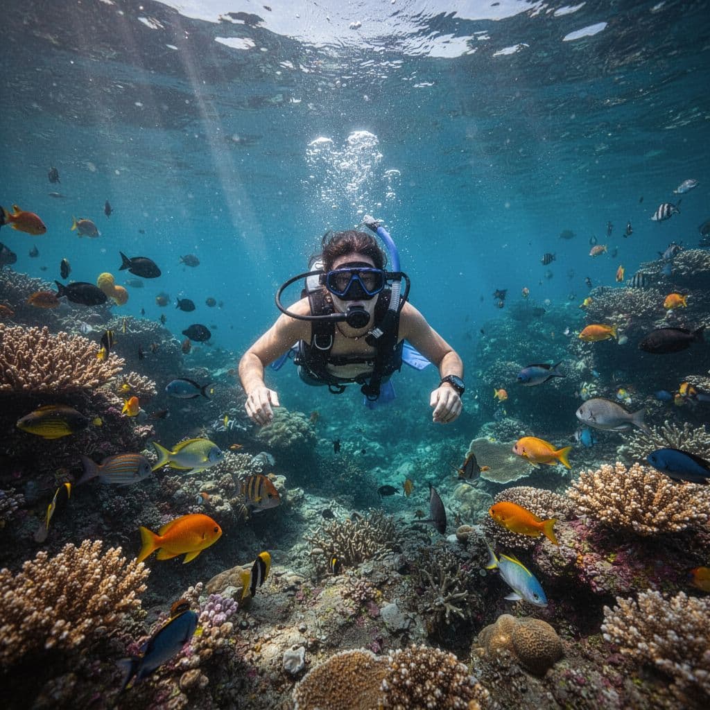 A person wearing a snorkeling mask glides over a colorful underwater coral garden. Sunlight filters through the deep blue Hawaiian water, illuminating the vibrant textures of the surrounding marine ecosystem.