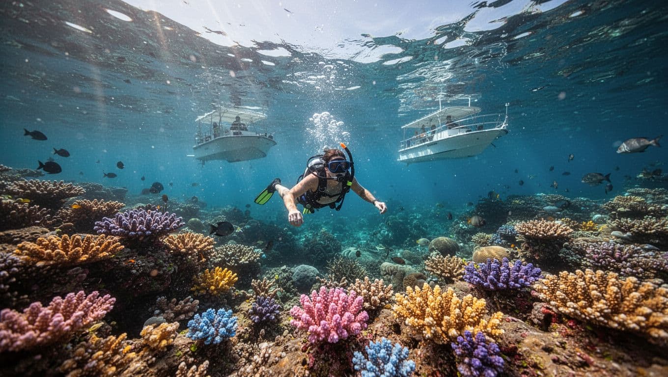 A lone snorkeler drifts through brilliant turquoise water above a dense, colorful coral reef. Sunlight filters through the surface, illuminating diverse tropical fish darting among the intricate sea floor formations.