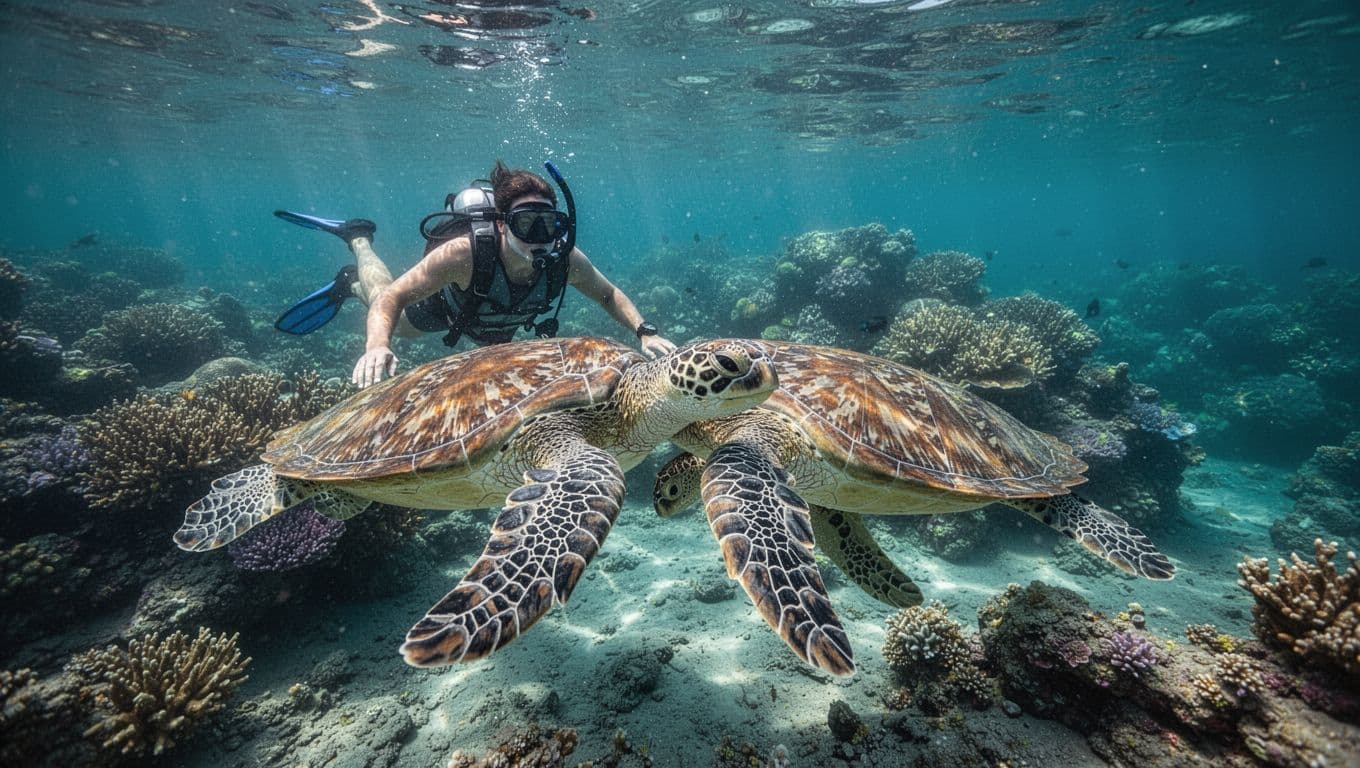 Snorkeler swims near large Hawaiian green sea turtle in clear blue water with coral reef background.