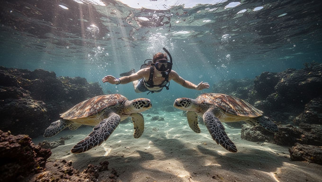 Snorkeler swims near two Hawaiian green sea turtles in shallow clear water over rocky Oahu coast.